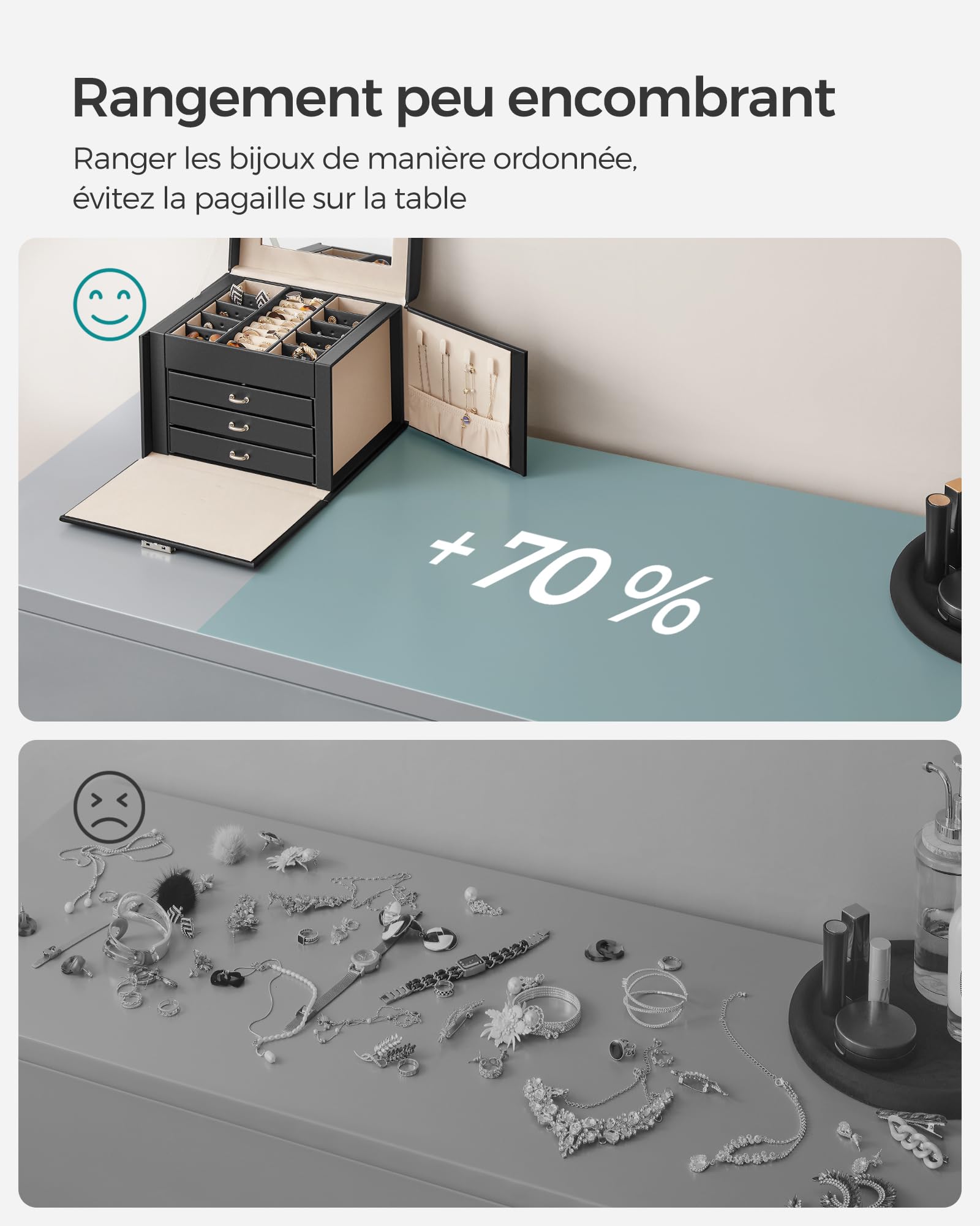 SONGMICS Boîte à Bijoux 4 Niveaux, Écrin à Accessoires avec 3 Tiroirs, Coffre de Rangement, Poignées, Miroir Intérieur, Verrouillable, Rangement pour Bijoux, pour Montres, Noir d'Encre JBC159B01