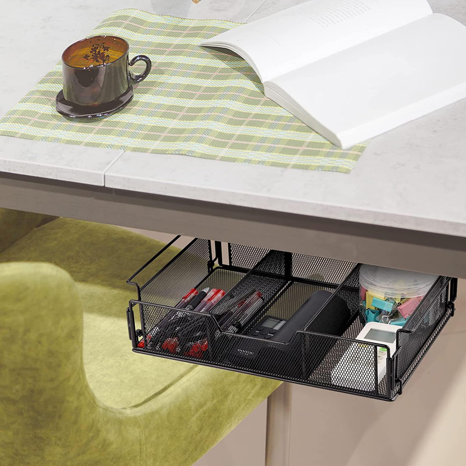 Cajón para debajo del escritorio, caja de escritorio oculta con rosca, bandeja de gran capacidad, cajón para lápices debajo del escritorio