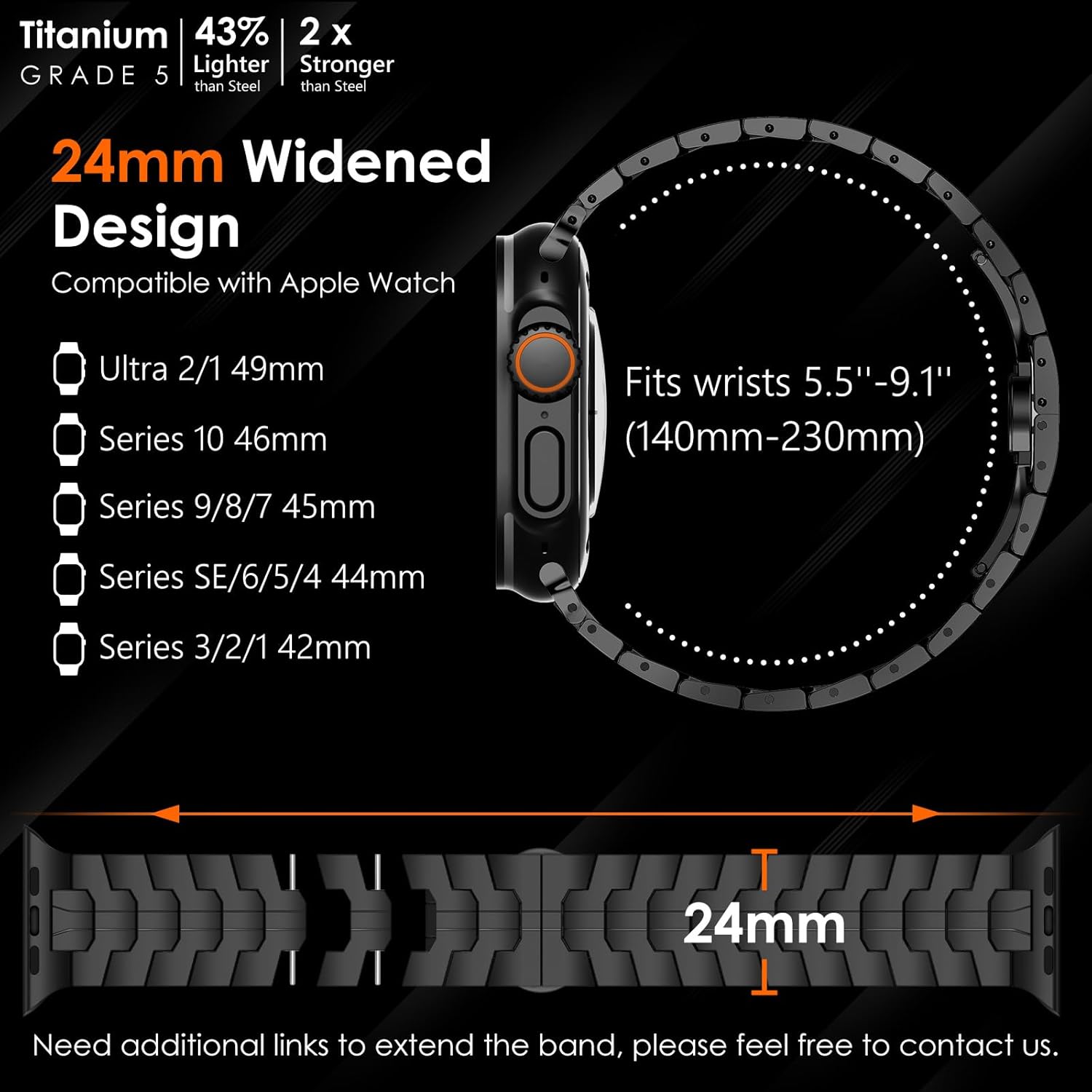 FULLIFE 24mm Wide Titanium Metal Compatible with Apple Watch Ultra 3/2/1 Bands 49mm for Men, Durable Lightweight Strap for iWatch Series 11/10 46mm, 9/8/7 45mm, SE3/6/5/4 44mm, 3/2/1 42mm - Image 2