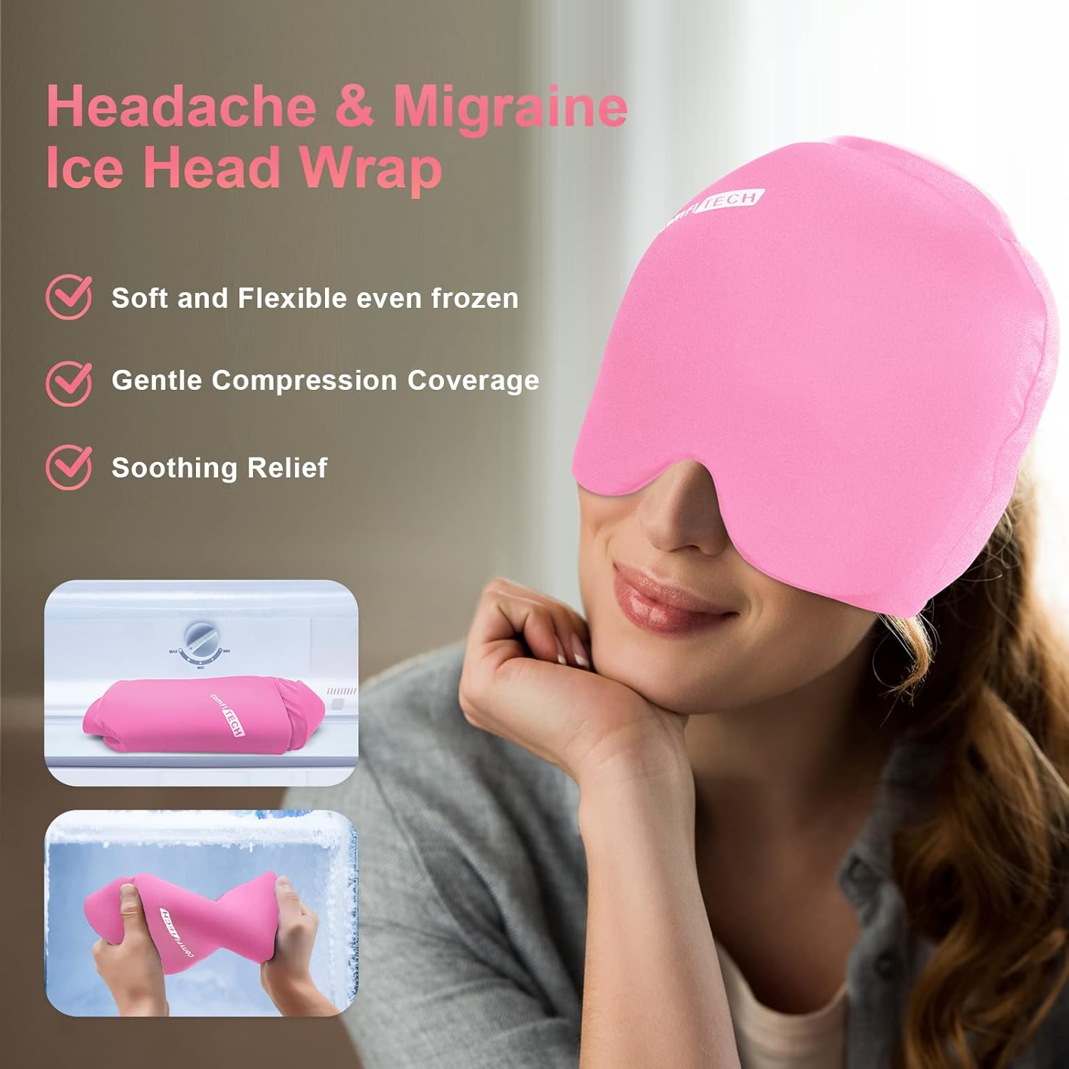 ComfiTECH Neck Ice Pack Wrap Gel Reusable Ice Packs for Neck Pain Relief, Cervical Cold Compress Ice Pack (Black) & Migraine Ice Head Wrap with Top Coverage (Pink)