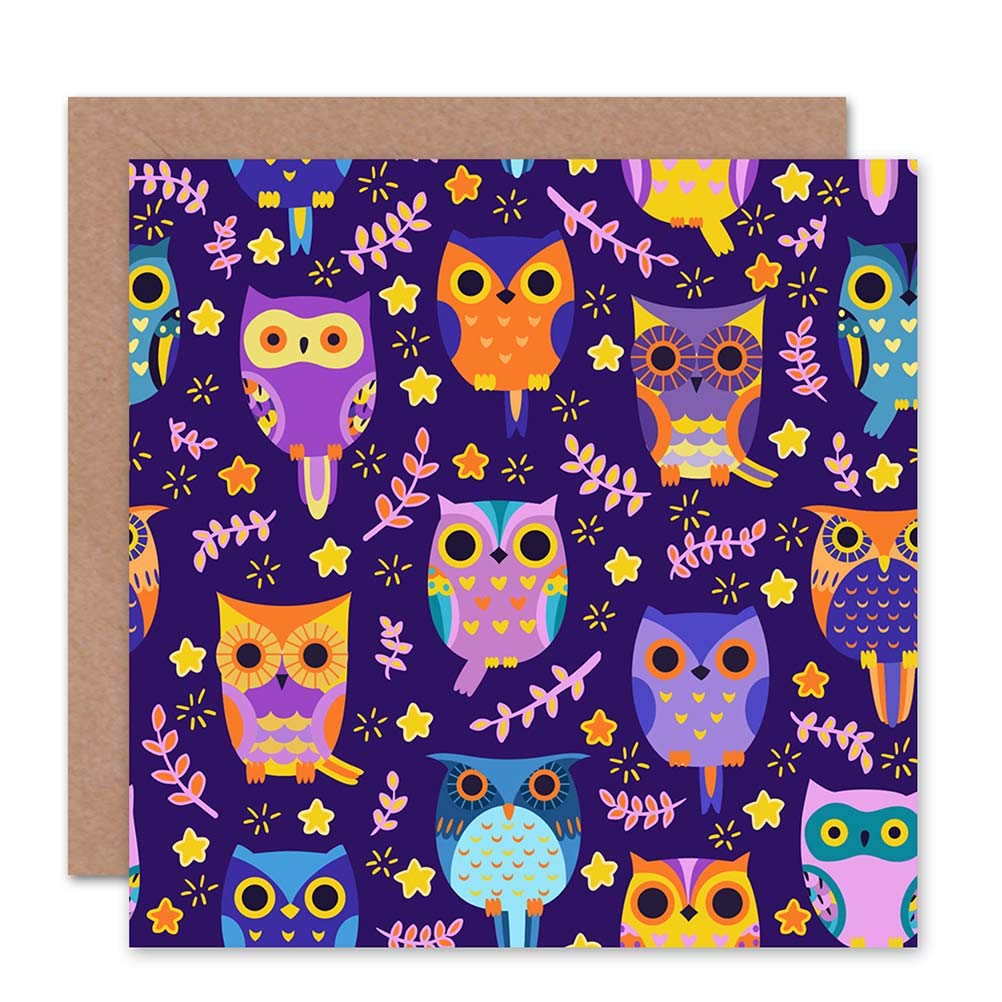 Wee Blue Coo Owl Bird Funky Purple Blue Stars Birthday Art Sealed Greeting Card Plus Envelope Blank inside