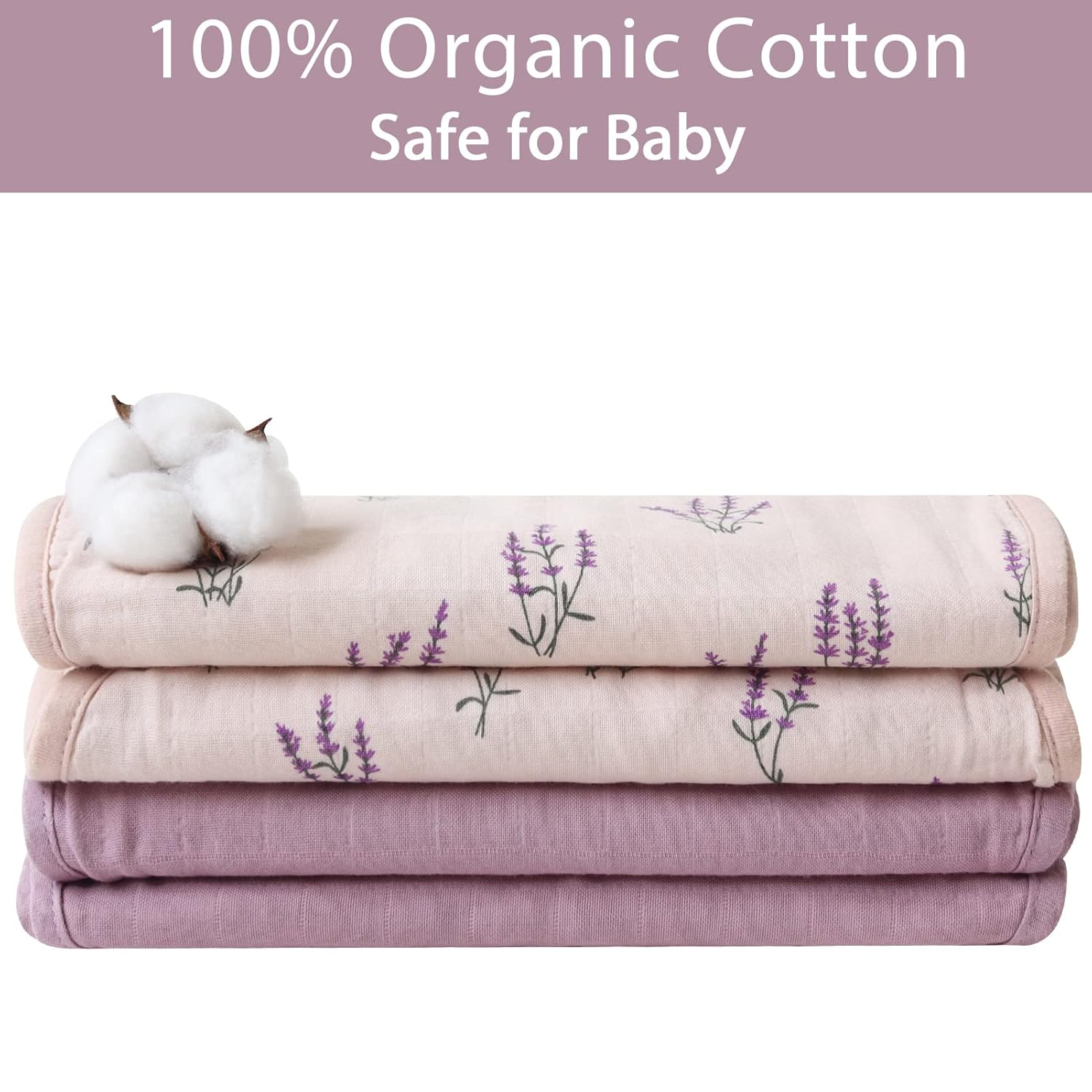 LifeTree Muslin Swaddle Blankets Girls and Baby Burp Cloths for Newborn Girls Boys, Organic Cotton, Lavender & Mauve