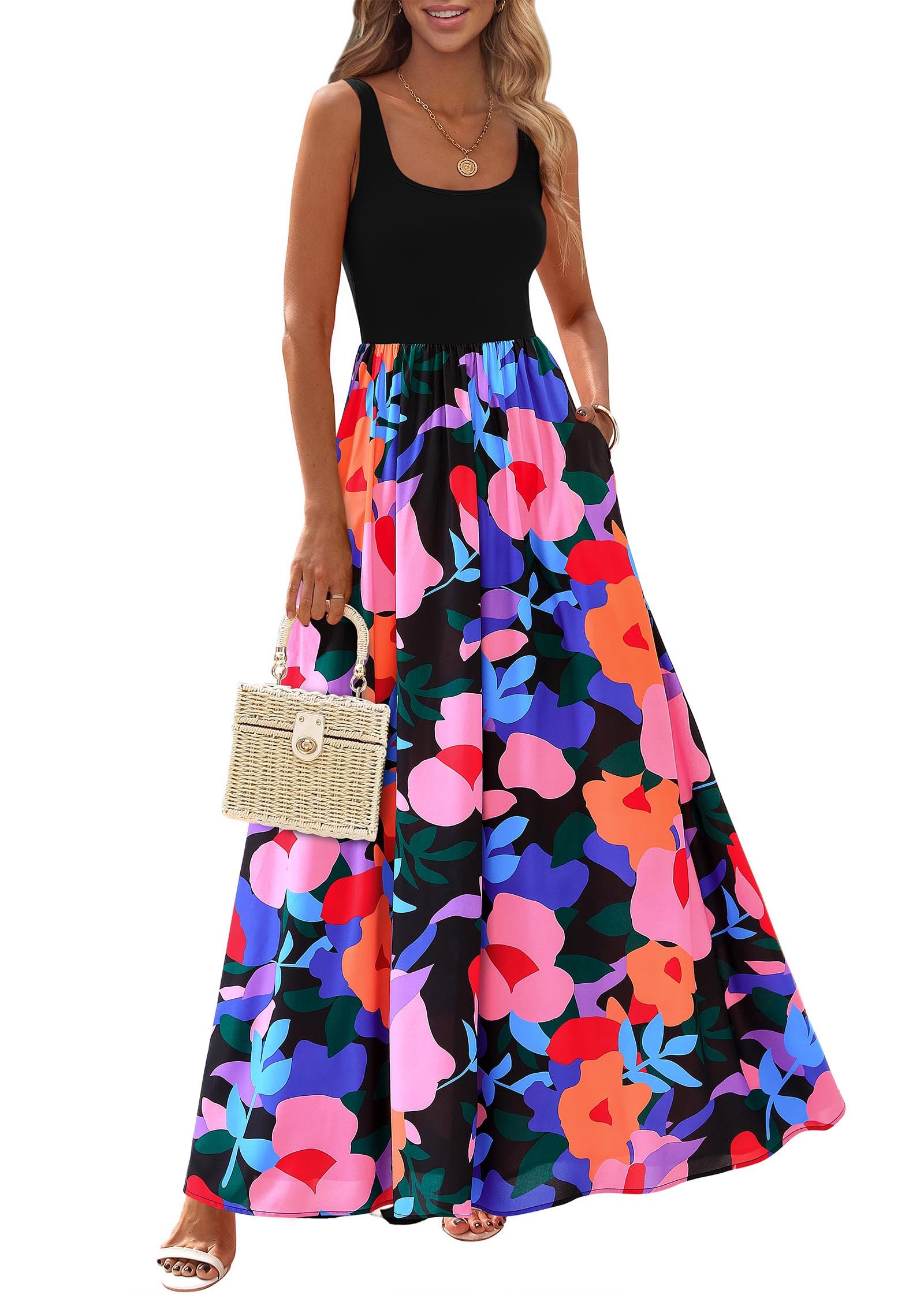 KIRUNDO Women Summer Sleeveless Boho Floral Maxi Dress