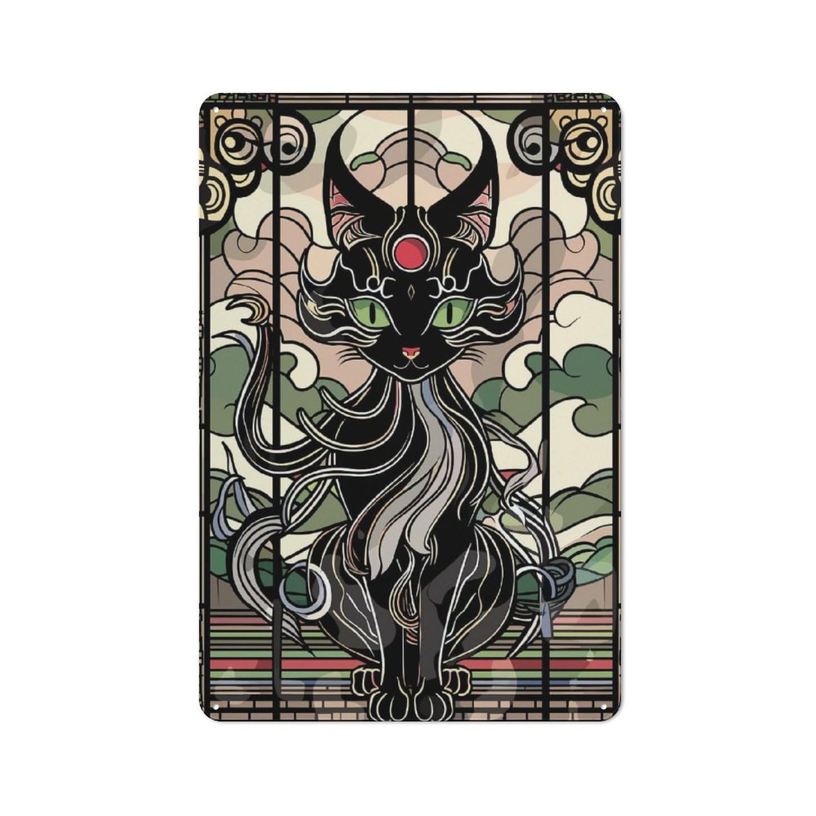 Junmoney Style-16 Art Nouveau Black Cat Stained Glass Urban Metal Wall Decor 30X20cm, Industrial Metal Sign For Flat, Bar, Studio Or Gallery Wall