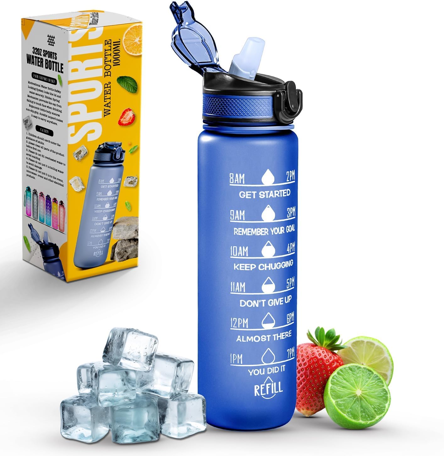 Roe Tenpo Trinkflasche 1L, Sport Trinkflasche mit Strohhalm & Zeitmarkierung, Tritan Wasserflasche BPA-frei, auslaufsicher – Sport Flasche für Fitness, Gym, Outdoor, Fahrrad & Schule