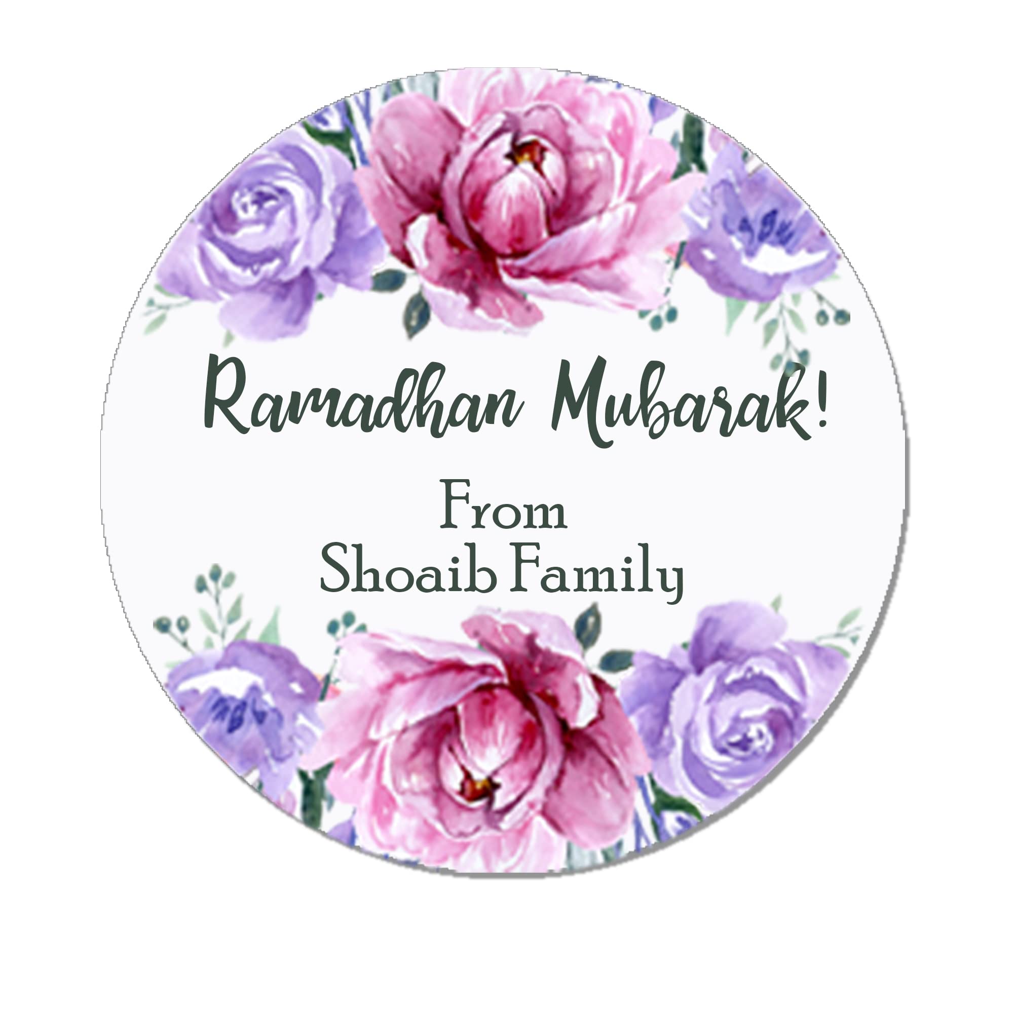 Personalised Eid Mubarak & Ramadan Kareem Muslim Celebration Paisley x 35 Stickers (Purple Floral)