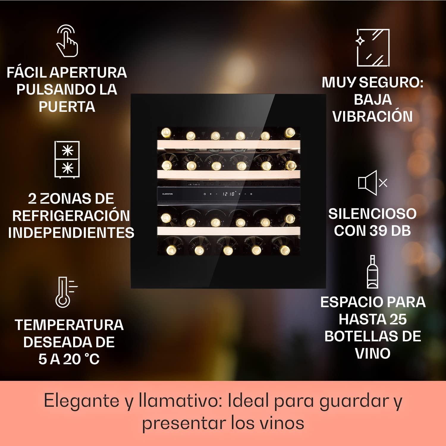 Klarstein Vinoteca de Pie, Nevera para Vinos de Dos Zonas Refrigeración, Nevera para Cervezas Pequeña de Interior/Exterior Puerta de Cristal, Nevera Protección UV, 5-18°C, Botellero 25 Botellas