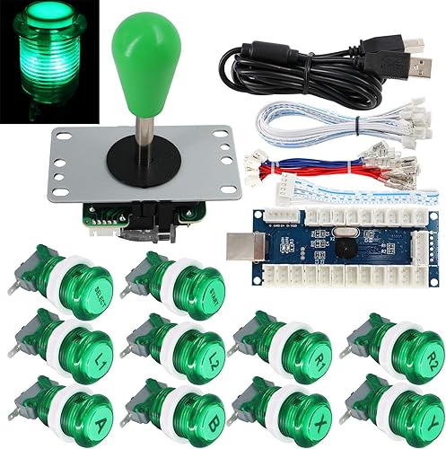 SJJX Arcade Game Stick DIY Kit Botones con Logo LED 8 Way Joystick USB Encoder Cable Controlador para PC MAME Raspberry Pi Verde