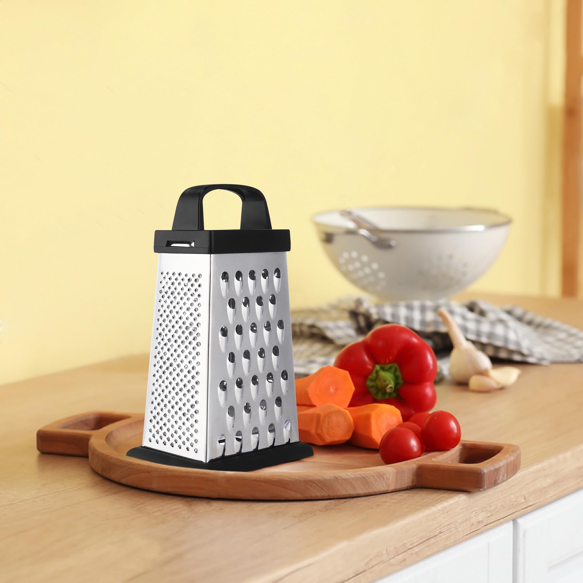 Rallador de queso, rallador de acero inoxidable de 4 caras, tamaño pequeño, triturador de alimentos para queso, parmesano, verduras, apto para lavavajillas, negro 5