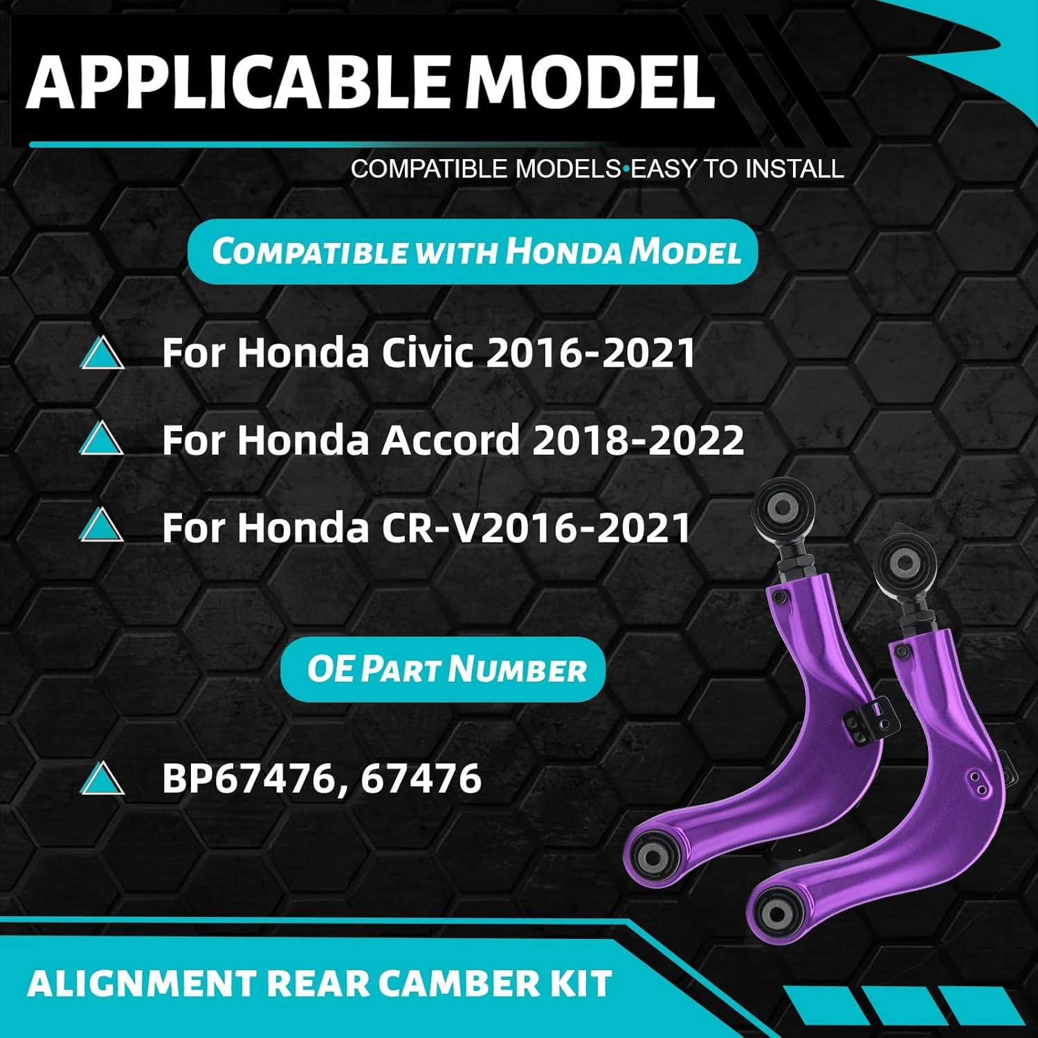 YVZ Adjustable Rear Camber Arms Left/Right Compatible with Honda Civic 2016-2021丨Accord 2018-2022丨CR-V 2016-2021 Midnight Purple Rear Camber Control Arms Replaces # BP67476丨52510-TEA-T00丨52520-TEA-T00
