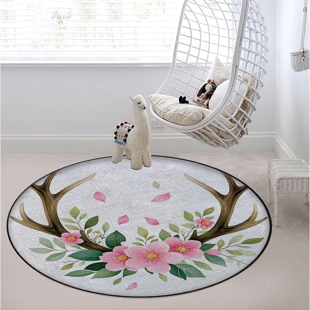 Deer Antlers Floral Round Chair Mat for Hardwood Floors, Nature Themed Design Non-Slip Low-Pile Protector for Rolling & Computer Desk Chairs, Green Pink Diameter 39.4 in