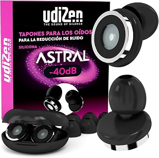 Tapones para los Oídos Reducción de Ruido para Viajar Dormir Estudiar -40dB UdiZen Astral - 1 Par Tapones Reutilizables Ultra Suaves Ergonómicos Cancelación de Ruido SNR 40dB Color Negro con Estuche