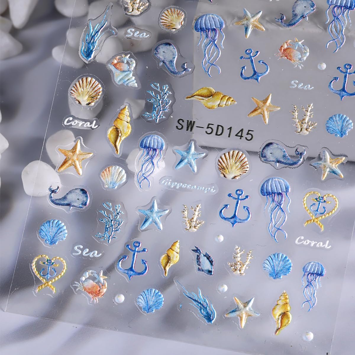 Summer Nail Art Stickers Decals Ocean Theme Nail Decals 2PCS Self-Adhesive Fish Seashell Seahorse Jellyfish Starfish Nail Design Stickers Blue Gold Nail Supplies for Women Nail Art Decorations - Image 6