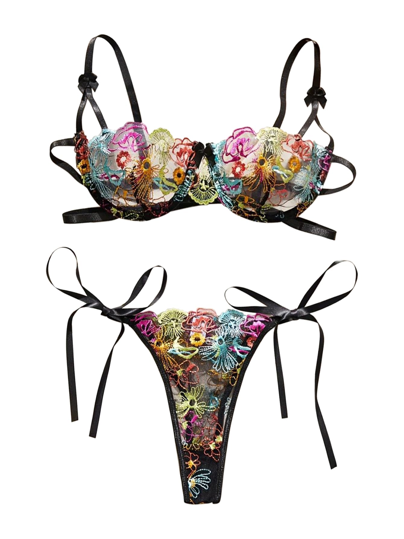 Lilosy Sexy Tie Side Cute Underwire Push Up Strappy Embroidered Mesh Sheer Lingerie Set: Bow Large Bow Multicolor Black