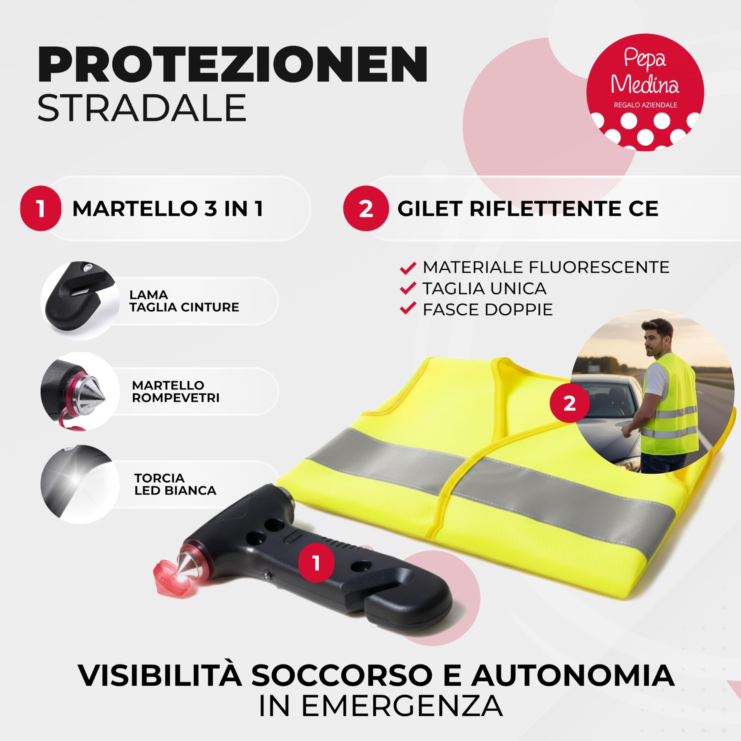 Kit Emergenza e Sicurezza per Auto: Luce V16 Geolocalizzata Omologata 2026, Gilet Riflettente, Martello Multifunzionale, Taglierina Cinture di Sicurezza, Torcia LED e Necessaire
