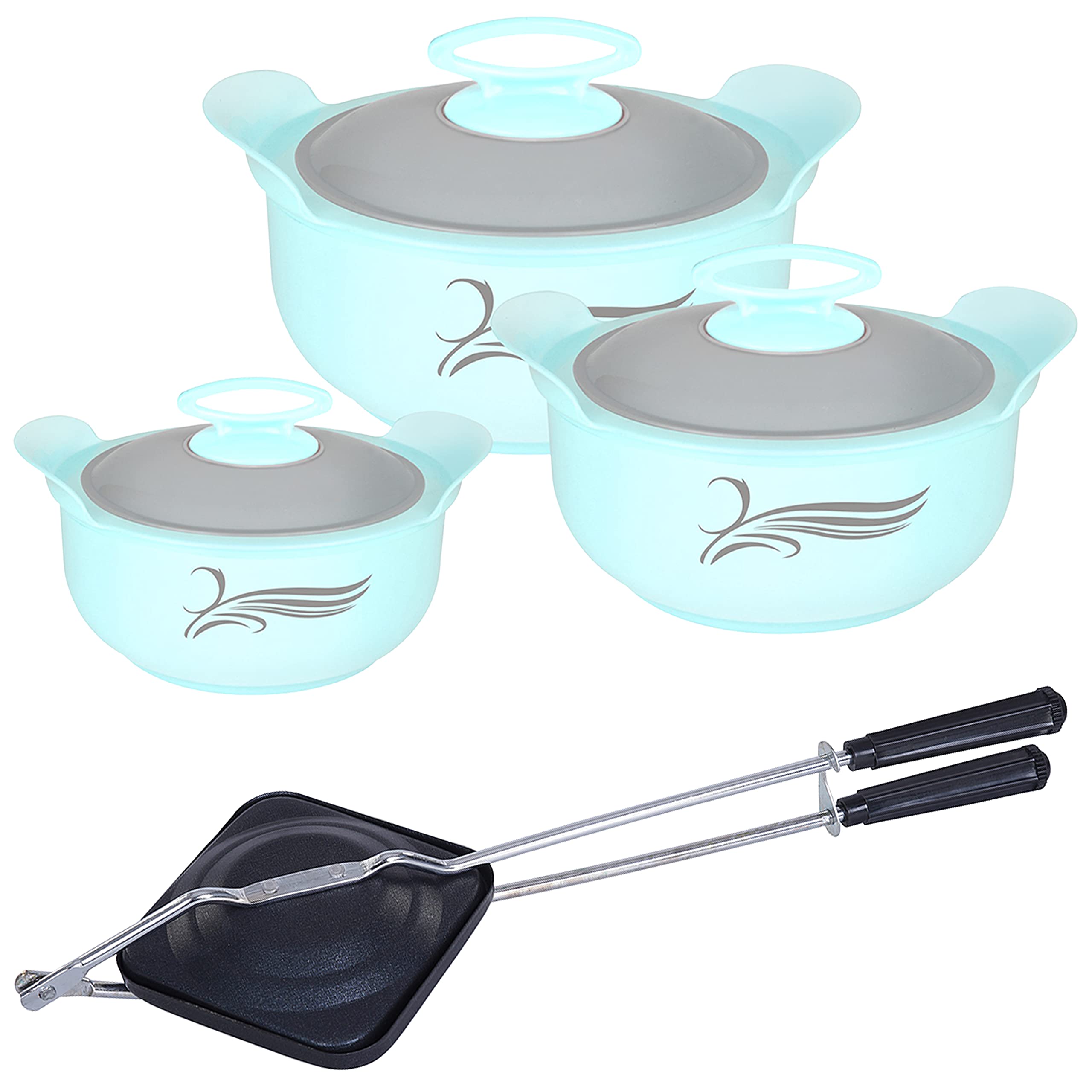 NIRLON Delight Inner Steel Casserole (800ml, 1200ml, 2000ml) Blue With Non Stick Aluminium Hand Toster Combo Set
