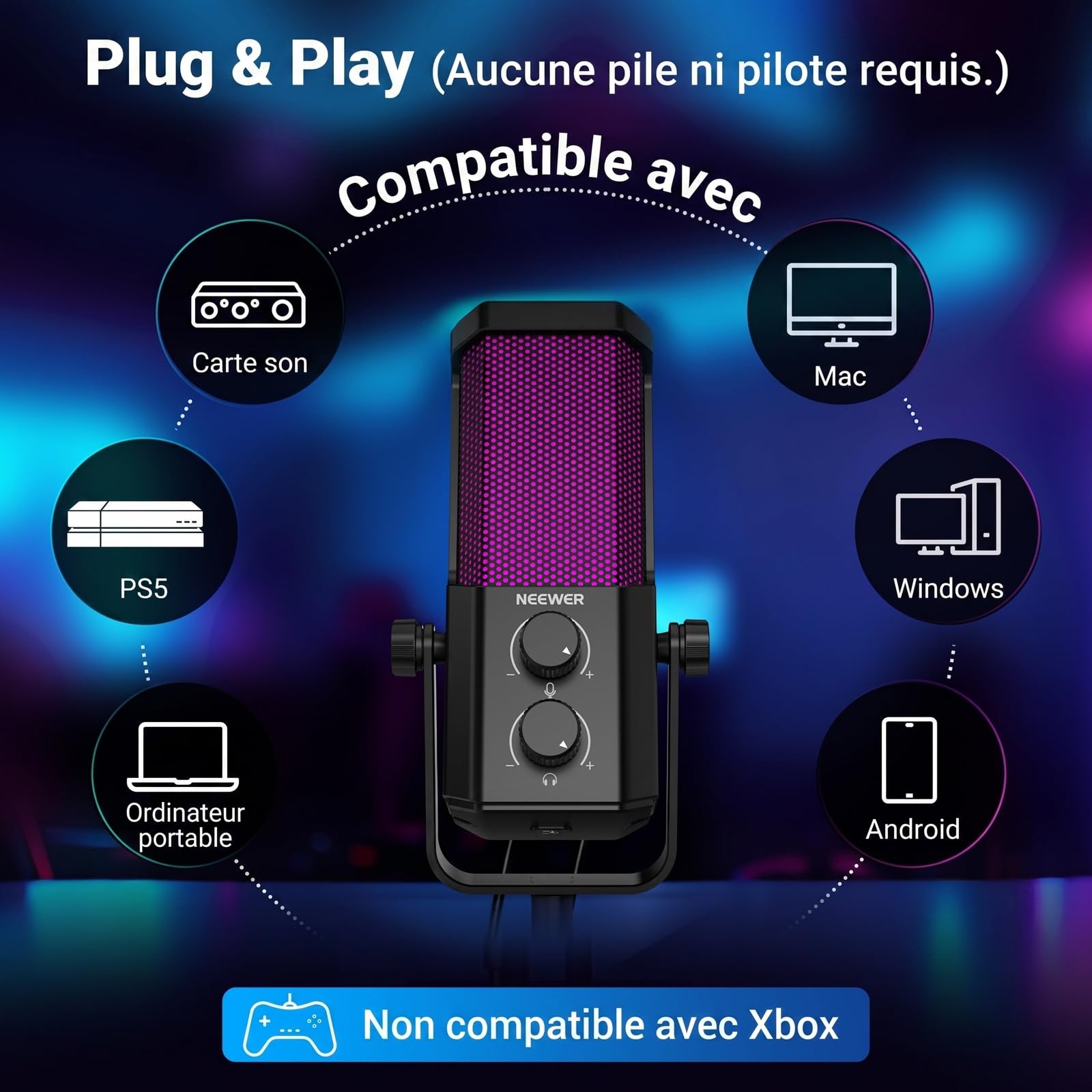 NEEWER UM01 Microphone USB Podcast IA,Plug&Play Cardioïde RGB