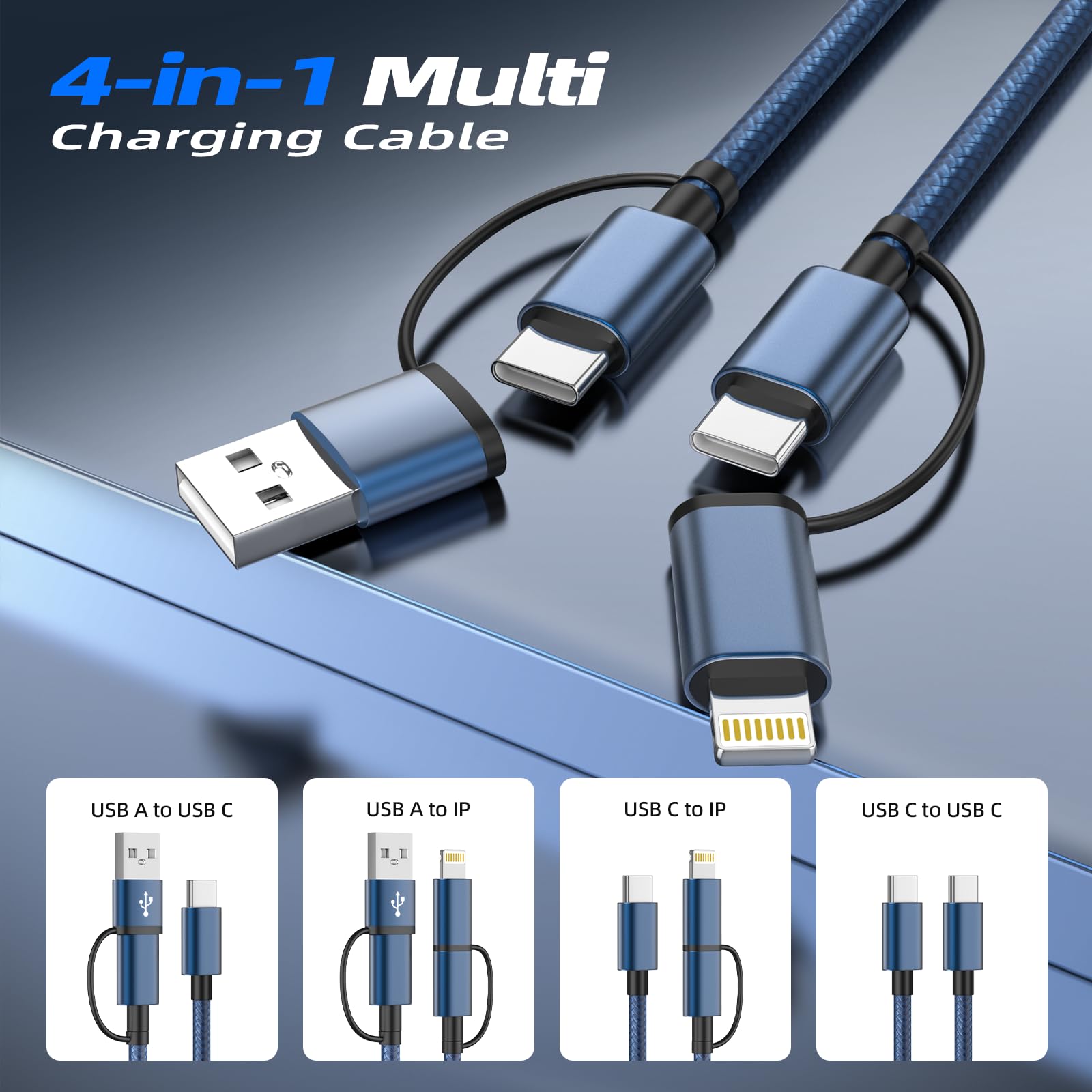 Cavo di ricarica multiplo 4 in 1 da 60 W, confezione da 2, 1,5 m