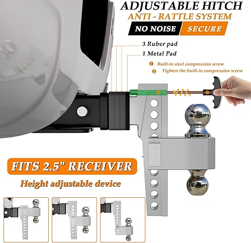Miniatura 15 de VNN 10 Inch Drop Hitch 2.5 Inch Receiver - Interchangeable 3 Solid Ball Mount 1-7/8", 2", 2-5/16"(18,500 LBS GTW), Heavy Duty Aluminum Adjustable