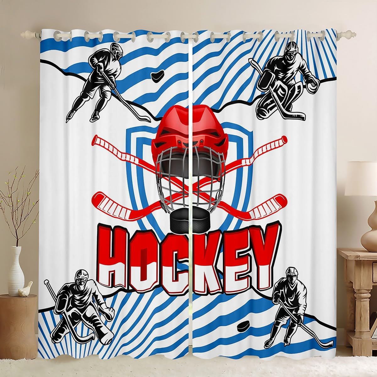 Hockey Window Curtains Teens Adult Women,Hockey Sports Event Curtains for Bedroom,Hockey Player Draperies for Living Room,Hockey Stick Skate Window Treatment Curtains Set of 2 Panels,42Wx90L