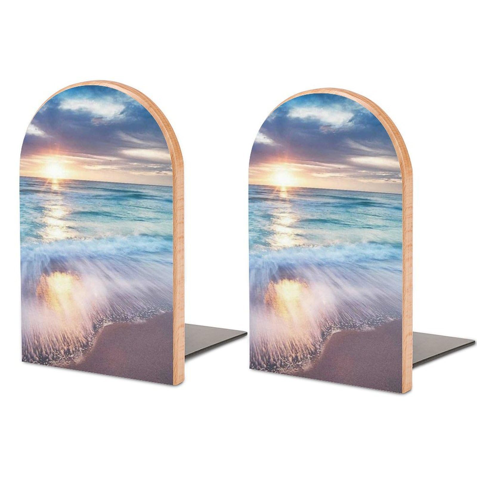 Sunset Beach Beech Wood Bookends Heavy Duty Book Organizers Desktop File Holder for Office Home Bookshelf