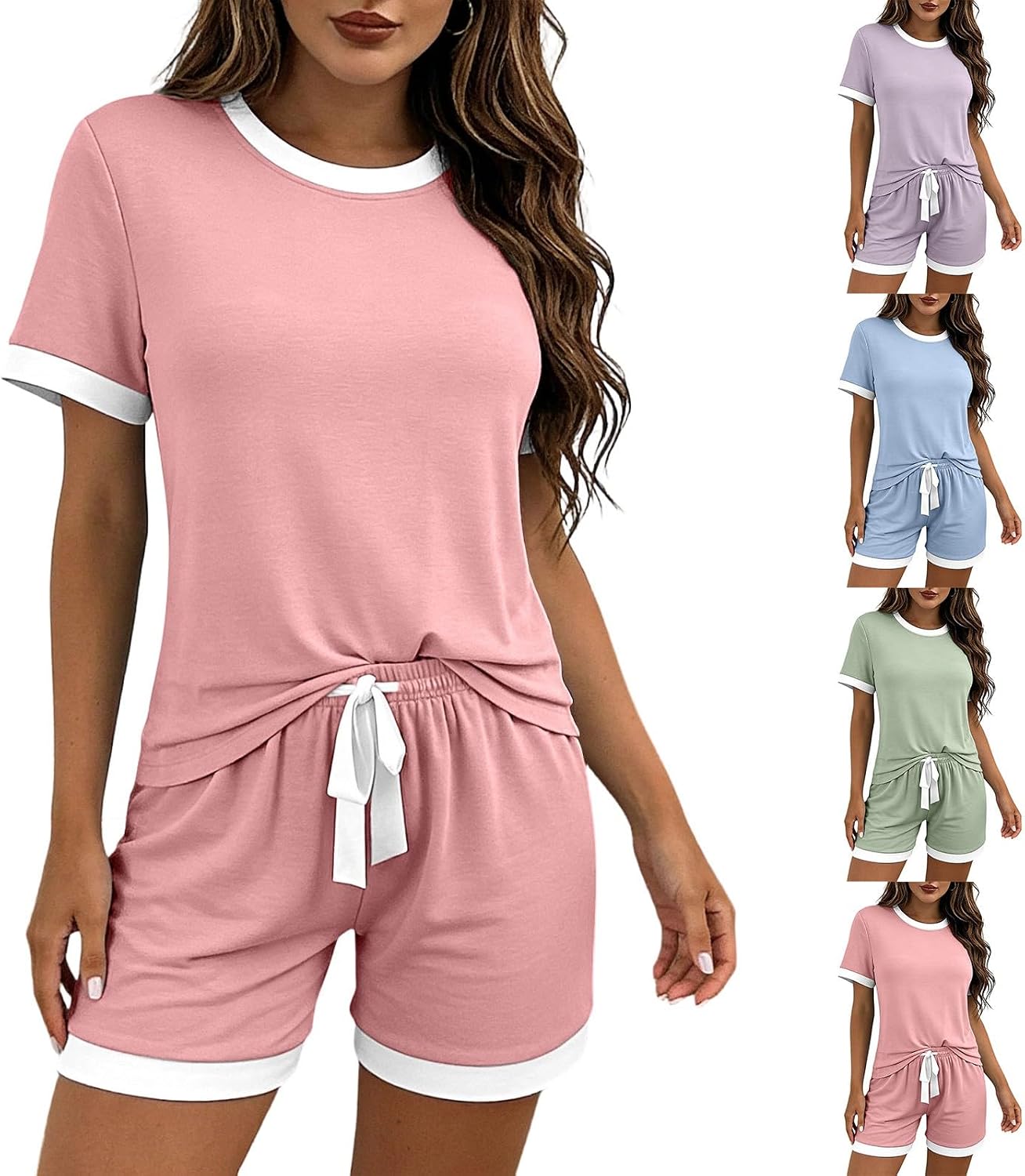 Womens Pajama Sets 2 Piece Soft Short Sleeve Top and Drawstring Waist Shorts Crew Neck Pjs Lounge Set