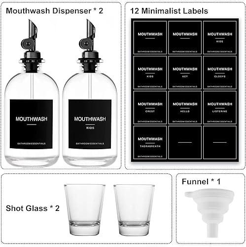 Miniatura 4 de Dispensador de enjuague bucal de vidrio negro con vasos, 12.7 onzas, paquete de 2 botellas de enjuague bucal transparente con boquilla de acero