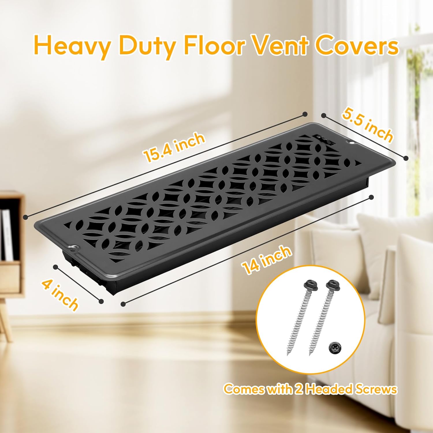 Floor Vent Covers, Floor Register 4x14, 2 Pack Adjustable Decorative Vent Covers for Home Floor, Ceiling or Sidewall Vent with Screws, Rust-Proof Heavy Duty Walkable Steel Floor Vents (4" X 14")