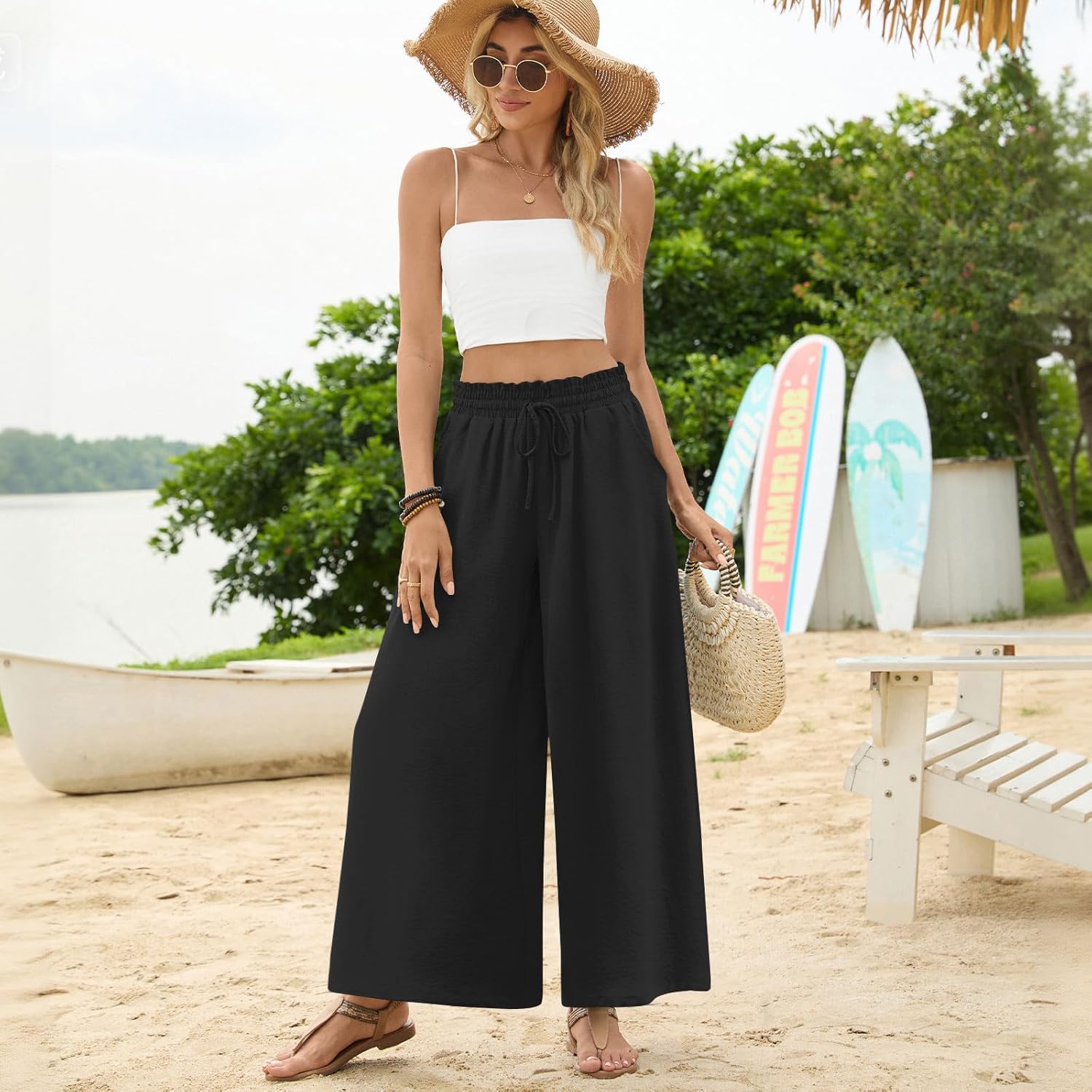 Women's Wide Leg Palazzo Pants Dressy Casual Slacks Flowy Gaucho Pant Elastic Waist with Pockets - Image 3