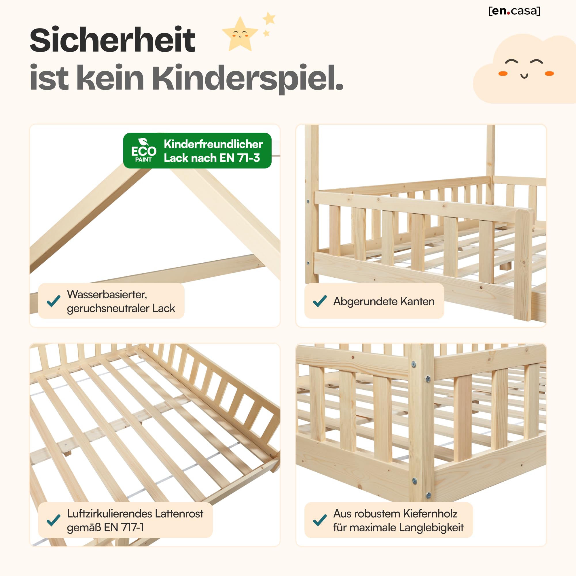 [en.casa] Kinderbett Hesel Hausbett Holzoptik 140 x 200 cm mit Rausfallschutz und Lattenrost Montessori Bodenbett Jugendbett Holzbett