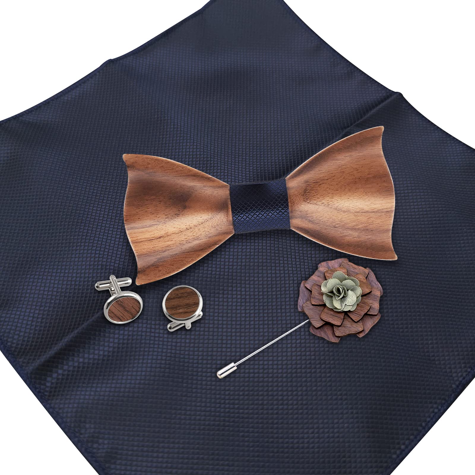 Mr.Van Holzfliege Klassische Set Fliege Herren,Holzfliege, Holz Manschettenknöpfe, Holzbrosche, Einstecktuch für Hochzeiten, Aufführungen, Abschlussball, Partei und sogar tägliche Gebrauch