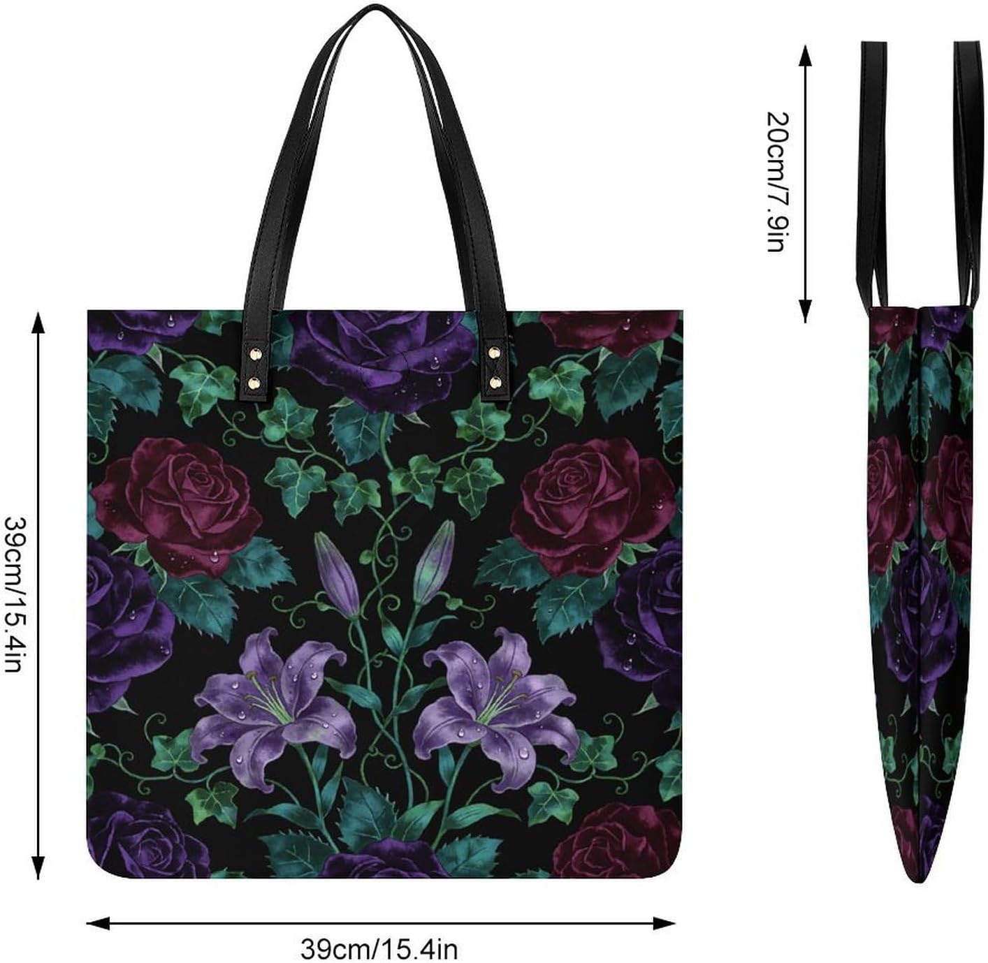Dark Floral Pattern Tote Bag with Magnetic Buckle Reusable Grocery Bags Lightweight Cross Body Handbag for Daily Essentials