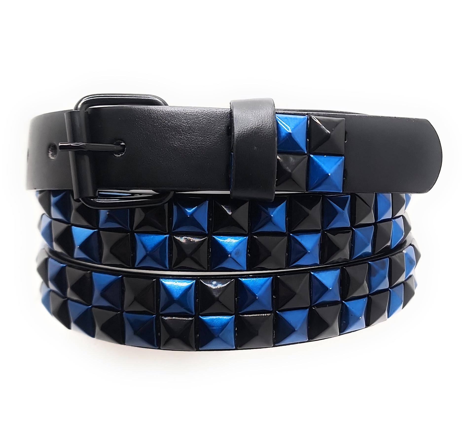 Metallic Blue and Black Checker 2-Row Pyramid Studded Leather Belt Punk