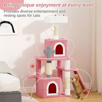 Large Cat Tree, 52 inch Tall Cat Climbing Tower Cratching Posts with Dangling Ball, Condos & Ladder, Cute Multilevel Climbing House with Sisal Scratching Post & Cat Bed for Indoor (Pink)