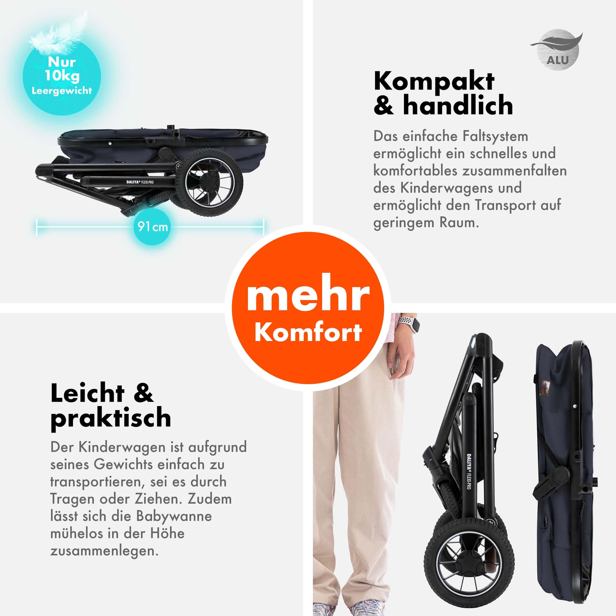 Daliya® FLEXI-PRO M 3in1 Kinderwagen & Buggy mit i-Size Babyschale, Viel Zubehör (Blau-Grau)