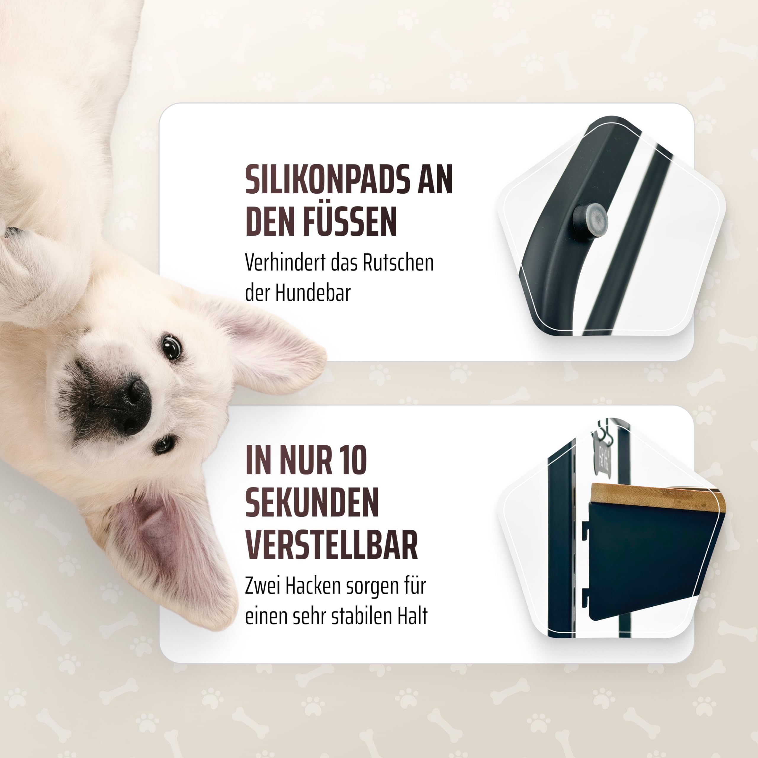Erhöhter Hundenapf: ALLinONE Hundebar, 12 mal höhenverstellbar mit 2 Edelstahlnäpfen, Futterstation, Wandmontage