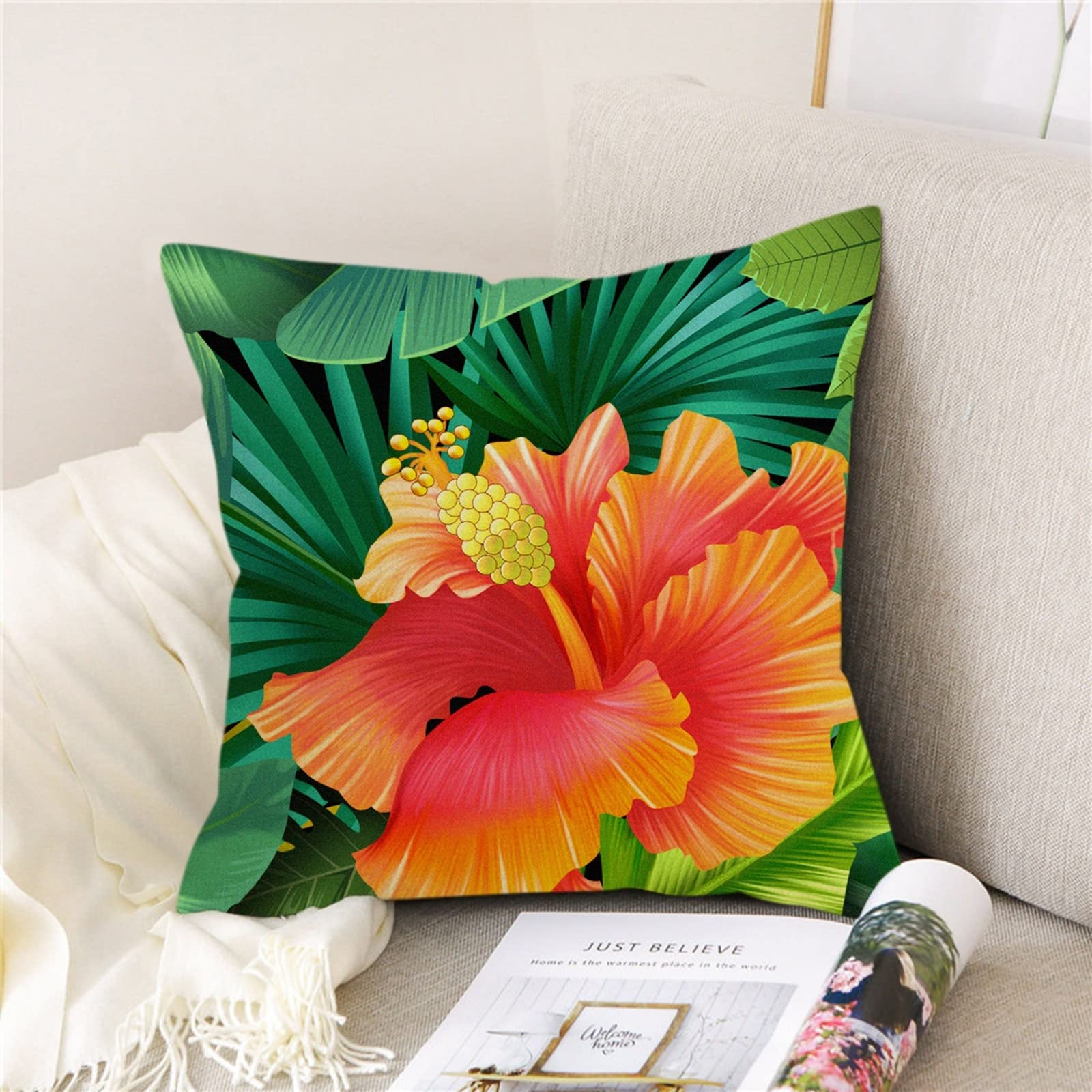 4 fundas de cojín para dormitorio de 50 x 50 cm, fundas de almohada decorativas de lino con patrón de hojas verdes y flores para sala de estar y sofá