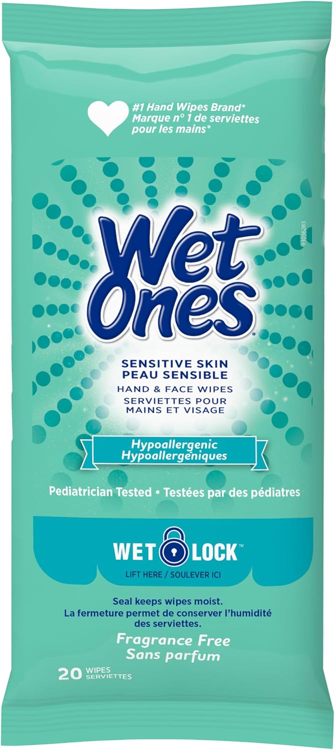 Wet Ones Sensitive Skin Hand Wipes, Unscented, Alcohol-Free Wet Wipes, 20 Count (Pack of 10)