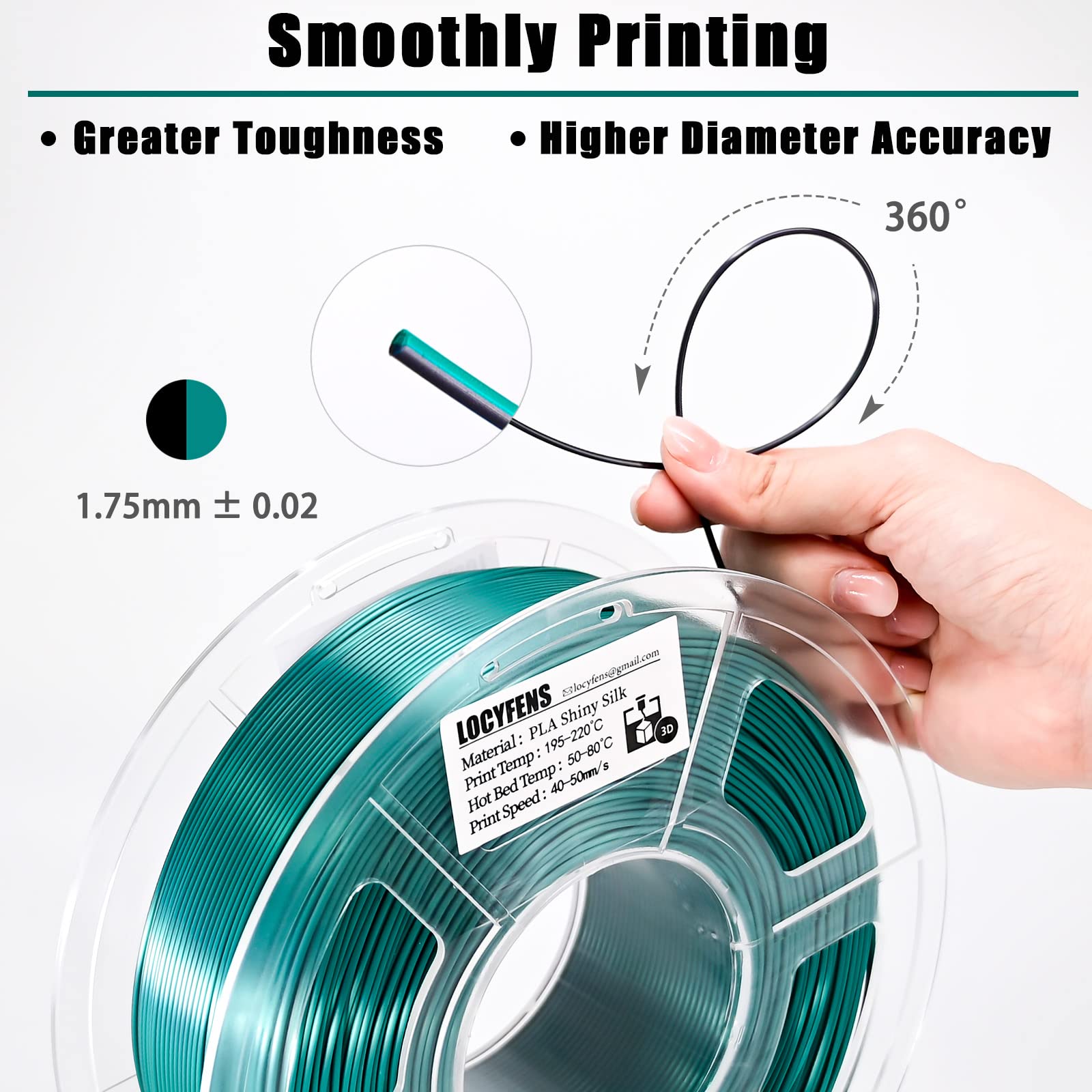 Filamento PLA de 1.75 mm, filamento de impresora 3D de ácido poliláctico sedoso, filamento de doble color, negro y verde, coextrusión 2 en 1, filamento PLA de 1.75 mm +/-0.02 mm, 1 kg