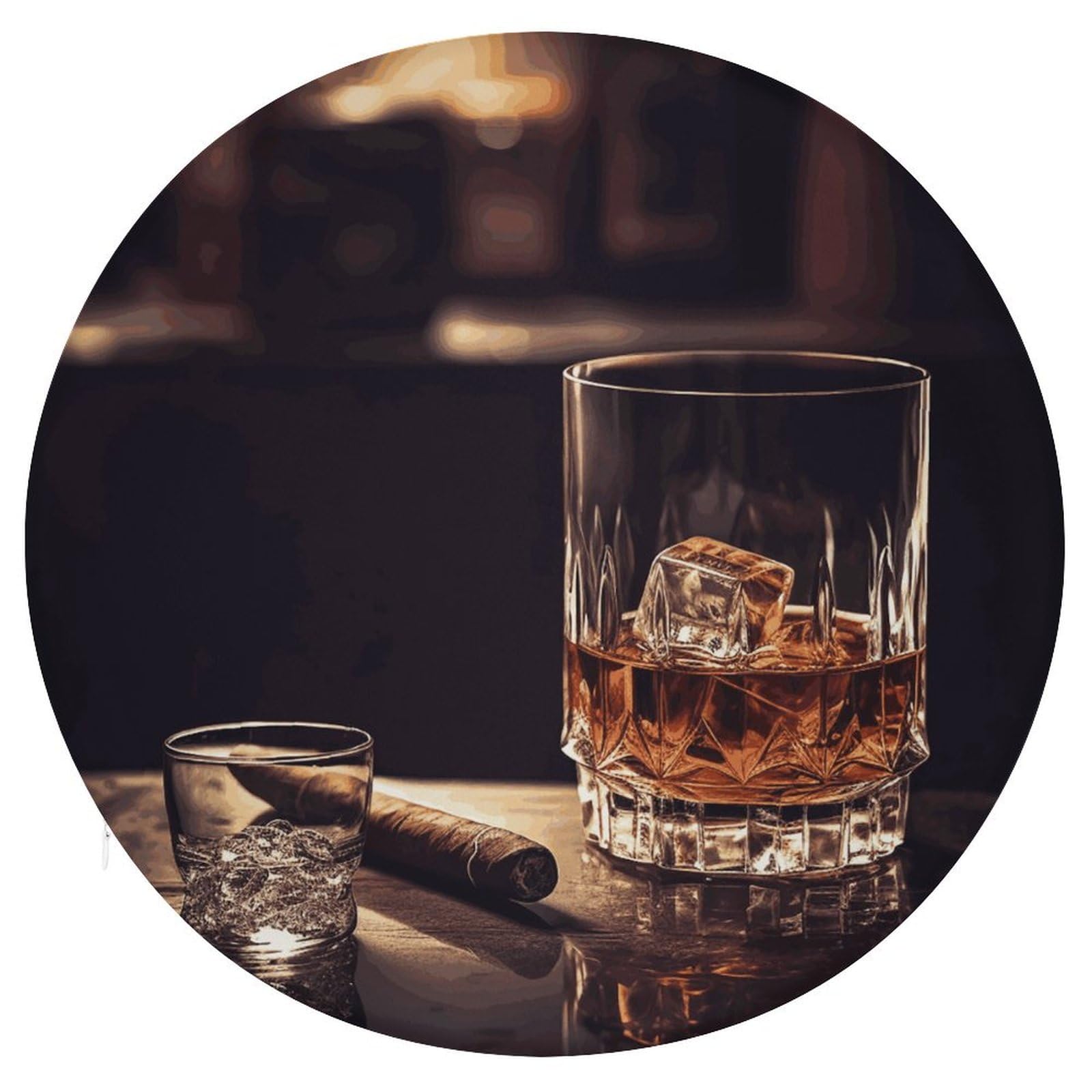 Coussin de siège rond haut de gamme motif whisky et cigare pour assise de prestige