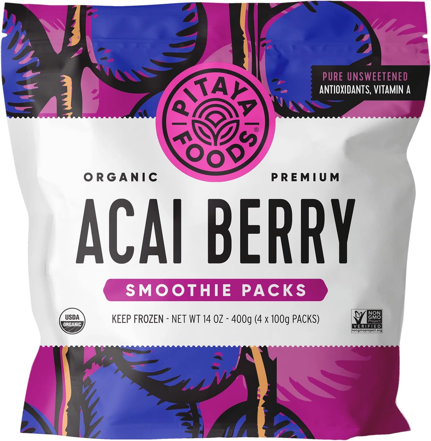 Pitaya Foods - Organic Acai Smoothie Packs, Pre-Packaged Frozen Fruit Purรฉe, No Added Sugar or Preservatives, Good Source of Fiber, Potassium, & Antioxidants, 100% Fruit, Non-GMO (14 oz, 8-Pack)