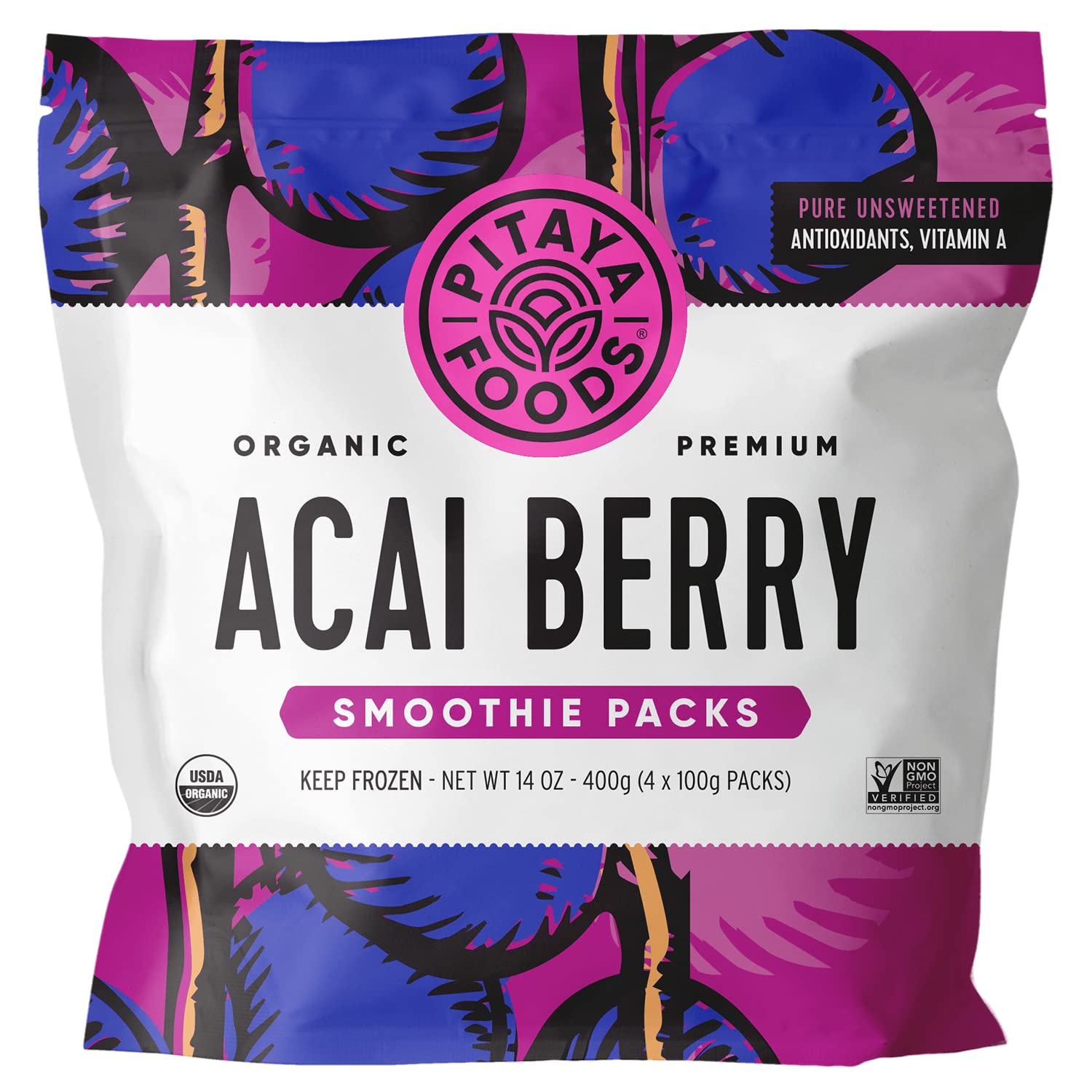 Pitaya Foods - Organic Acai Smoothie Packs, Pre-Packaged Frozen Fruit Purée, No Added Sugar or Preservatives, Good Source of Fiber, Potassium, & Antioxidants, 100% Fruit, Non-GMO (14 oz, 8-Pack)