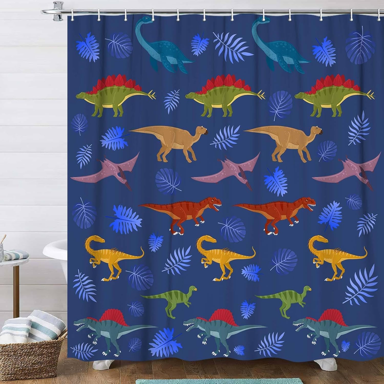 Funny Dinosaur Shower Curtain for Kids Bathroom Blue Bath Curtain for Boys Girls,Waterproof Fabric with 12 Hooks,Cute Dino Theme Bathroom Decoration 72X84IN