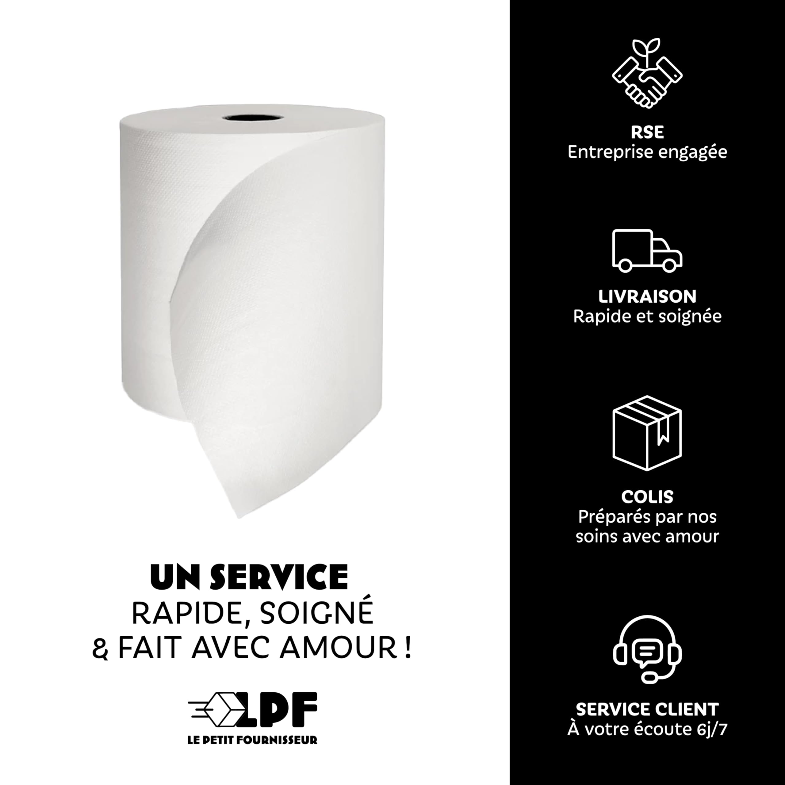 LPF LE PETIT FOURNISSEUR – Essuie-Tout Professionnel Dévidage Central – 450 Feuilles 18x18cm – Double Épaisseur Pure Ouate – Absorbant & Résistant – Contact Alimentaire – Made in France – Lot de 6