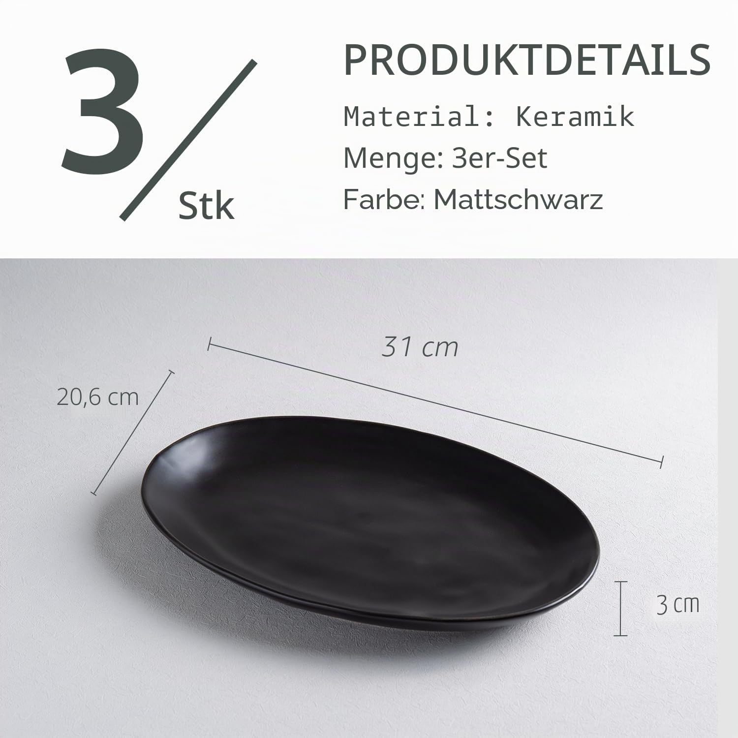 Porzellan-Servierplatten, 30,5 cm, große Serviertabletts, ovale Servierteller für Dessert, Vorspeisen, Fleisch/Unterhaltung/Party, 3 Stück, mattschwarz