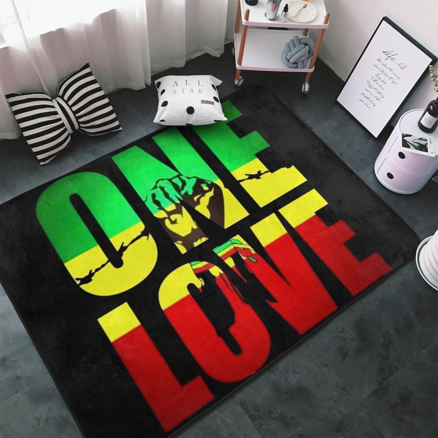 One Love Jamaican Rasta Reggae Area Rugs 60x39 in Anti-Slip Door Mat, Ultra Soft Fuzzy Outdoor/Indoor Fluffy Carpet Large Floor Rug for Bedroom Living Room Dorm Nursery Kitchen Home Decor