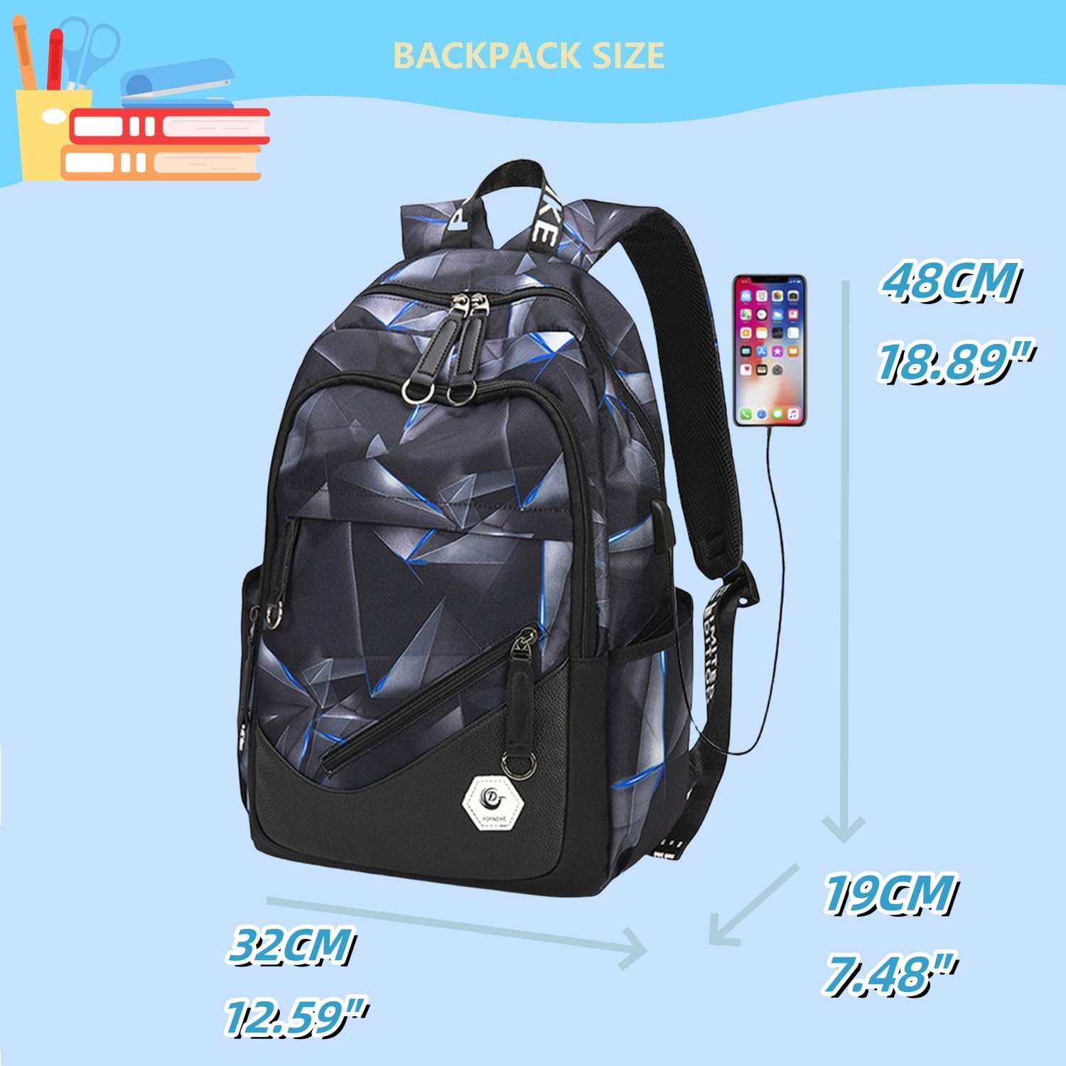 Geometric-Print Boys Backpack for Elementary Middle School Kids Bookbag School Bag for Teens Black Red - Image 3