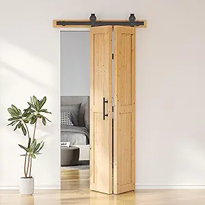 SKYSEN 36" X 84" Bifold Barn Door with 40" Bifold Barn Door Hardware Kit, Including Handle and Pulls, Unfinished Solid Spruce Wood Panel, Pre-Drilled and Assembled(36 * 84-40-f-d)