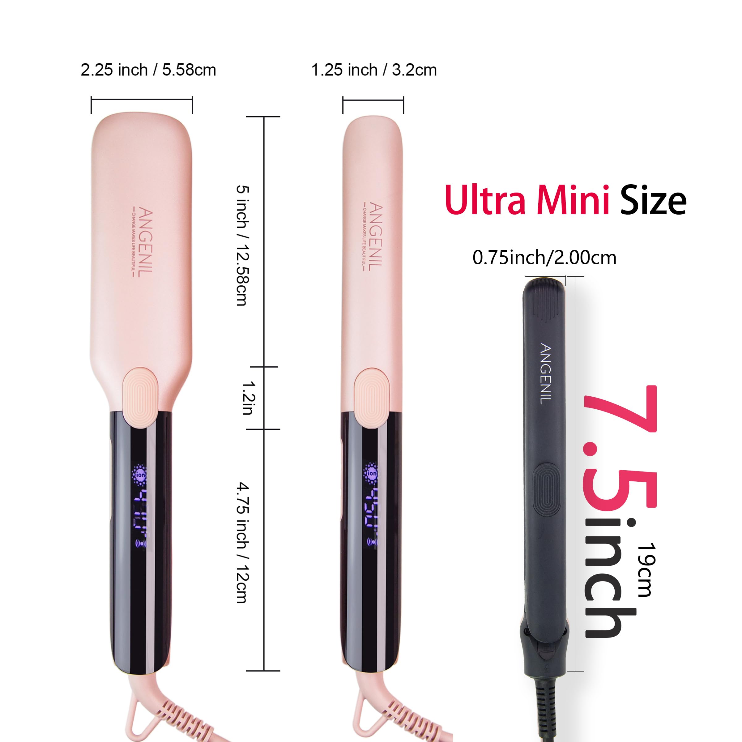 ANGENIL Petit fer plat Mini fer à lisser 1,8 cm, lisseur et boucleur double tension 2 en 1, mini fer plat portable rose pour bords courts, frange avant, 3 températures (137,8 °C - 160,0 °C)