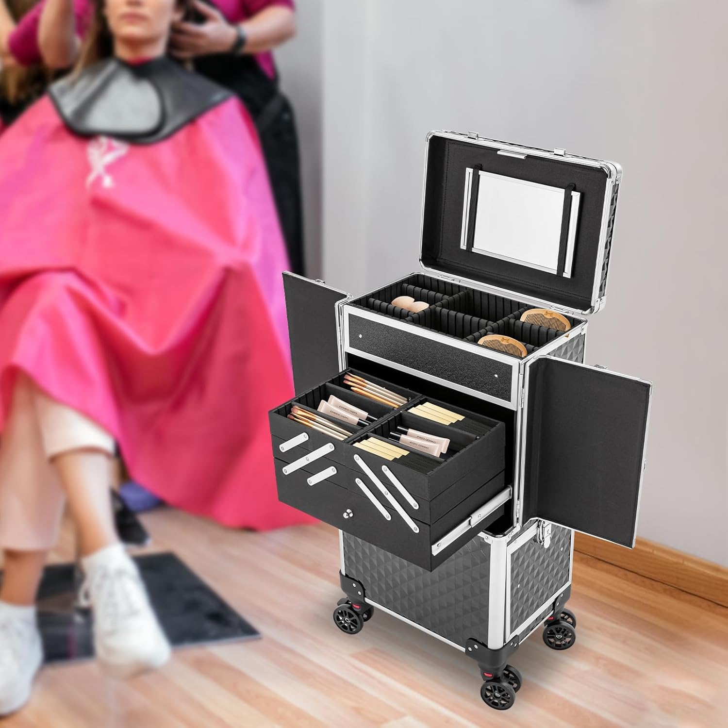 Rolling Makeup Small Train Case with Lock, Professional Rolling Makeup Train Case with Drawer, Hair Stylist Beauty Salon Luggage Travel Storage Toolbox